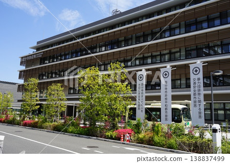 High-rise buildings stand out against the blue sky. April 26, Nishi-Kokubunji City Hall. 138837499
