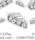 Seamless pattern of hand-drawn black and white pencil sketches of gourmet cherry pie slices, ideal for rustic bakery menus, kitchen cafe branding, and artisanal food packaging. White background 138837500