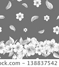 Seamless border pattern of hand-drawn pencil sketches of cherry blossoms and leaves on dark gray background, for elegant wedding stationery and header designs, interior wallpaper, fabric print 138837542