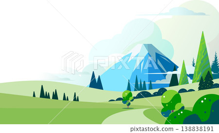 A flat design background featuring a landscape illustration of Mount Fuji and a grassland, with a blue sky and clouds, and space for copy. A flat design background featuring a landscape illustration of Mount Fuji and a grassland, with a blue sky and clouds, and space for copy. 138838191