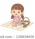 Adorable cartoon illustration of a little girl enjoying an Easter picnic with decorated eggs, flowers, and basket. Isolated on clean background, perfect for holiday greeting cards 138838456
