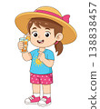 Adorable cartoon illustration of a little girl wearing summer clothes and drinking juice during a beach holiday. Isolated on clean background, ideal for travel promotions 138838457