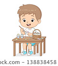 Adorable cartoon illustration of a little boy painting Easter eggs at a table. Isolated on clean background, perfect for holiday designs 138838458