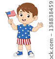 A cute cartoon boy holding the United States flag, celebrating American Independence Day. Perfect for patriotic themes, holiday designs 138838459