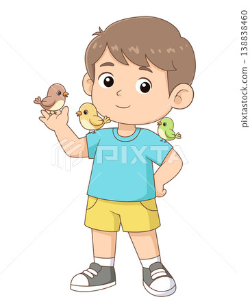 A cute cartoon boy holding small colorful birds in a playful and friendly pose. Ideal for children themes, zoo concepts, pet care education, and animal-related designs 138838460