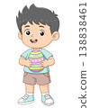 A cute cartoon boy holding a colorful Easter egg in a cheerful pose. Perfect for Easter holiday themes, children designs, greeting cards, and seasonal promotions 138838461