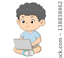A cute cartoon boy using a laptop in a focused sitting pose. Ideal for technology themes, online learning, education, and digital lifestyle concepts for children 138838462