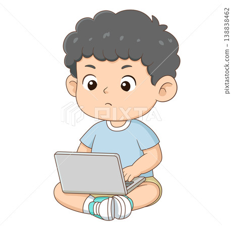 A cute cartoon boy using a laptop in a focused sitting pose. Ideal for technology themes, online learning, education, and digital lifestyle concepts for children 138838462