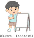 A cute cartoon boy pointing at a blank presentation board with copy space. Ideal for marketing, promotion, advertising, announcements, and educational content 138838463