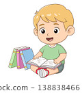 A cute young boy sitting and reading a book with a stack of books beside him, isolated on a clean background. Perfect for early childhood education 138838466