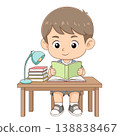 Cute boy studying at desk reading book for education illustration 138838467