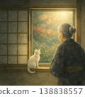 An illustration of an elderly woman sitting by a window, gazing at the scenery outside with her cat. 138838557