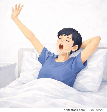 An illustration of a woman stretching to wake up in the morning. 138838558