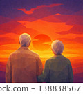 An illustration of a senior couple's backs as they gaze at the sunset. 138838567