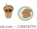 Americano in paper cup and Croissant on plate Coffee Day, International Croissant Day design element. Isolated Vector illustration Greetings Thematic Cards Invite Promo Banner, leaflets, media posting 138838750