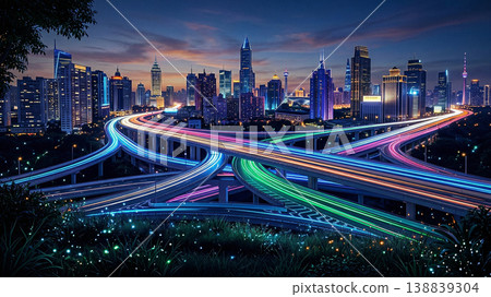 以豪華的霓虹燈高速公路和未來主義城市景觀為背景。 138839304
