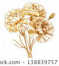 白色背景上的一束閃耀著金色光芒的康乃馨植物插圖。 138839757