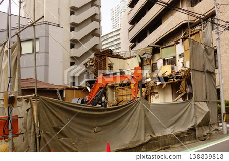 Sheets covering construction sites with heavy machinery Sheets covering construction sites with heavy machinery 138839818