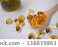 Oil capsules are placed on a wooden spoon in a simple setup 138839863