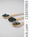 Spirulina Supplements and Powder in Wooden Spoons Healthy Green Superfood on White Background 138839865