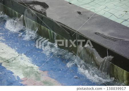 從噴泉公園水池溢出的水向下流淌。 138839917