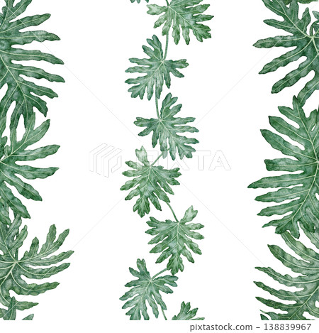 Tropical leaves seamless pattern of Philodendron Selloum watercolor background. Hand drawn vertical striped green foliage with realistic plant texture. Nature indoor shrub garland for textile design. 138839967