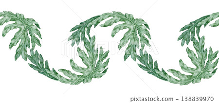 Tropical leaves seamless border of Philodendron Selloum watercolor botanical illustration. Hand drawn green foliage template with realistic plant texture. Nature indoor shrub garland for card design. 138839970