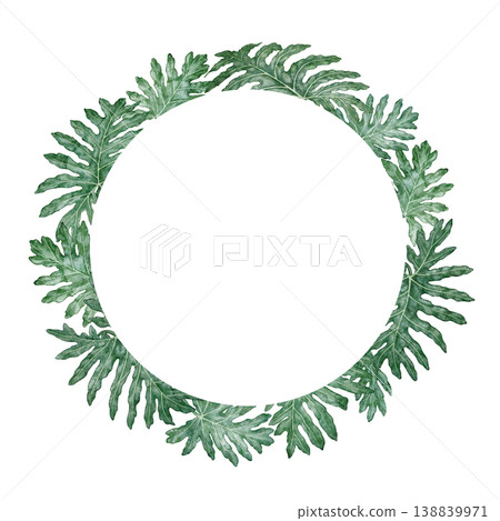 Watercolor tropical leaves round wreath. Hand drawn green foliage circle with detailed texture and realistic plant form. Floral design for garden card. Nature greenery template for botanical art. 138839971