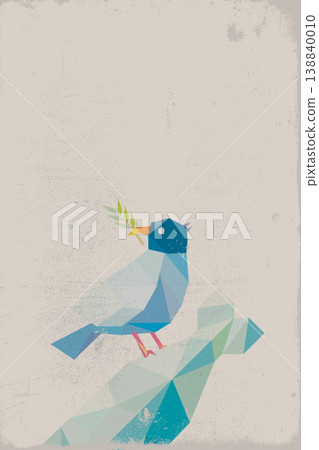 Polygon peace dove carrying olive branch on falling missile bomb on beige vertical background fade condition with scratches and distress texture 138840010