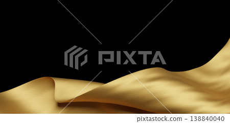 Luxury golden fabric waving on black background with copy space 3D render Luxury golden fabric waving on black background with copy space 3D render 138840040