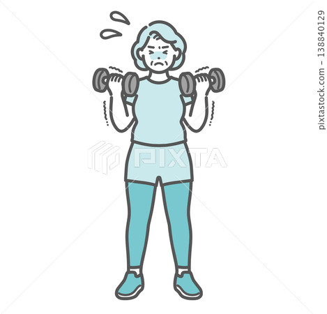 An illustration of a plump senior woman struggling to lift heavy dumbbells, sweating and with trembling arms. An illustration of a plump senior woman struggling to lift heavy dumbbells, sweating and with trembling arms. 138840129
