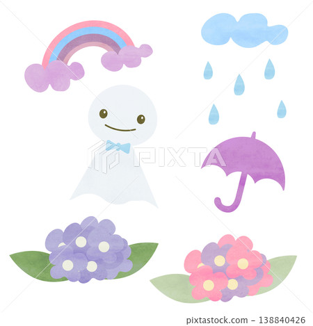 可愛的水彩風格雨季插圖：手繪的晴天娃娃、繡球花、彩虹和雨傘。 138840426