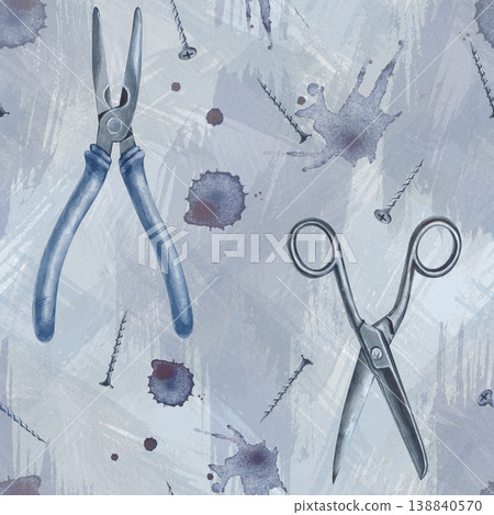 Seamless industrial watercolor pattern with pliers scissors and screws on textured grey background. For DIY workshop branding, tool packaging, or unique fabric prints for men. Seamless industrial watercolor pattern with pliers scissors and screws on textured grey background. For DIY workshop branding, tool packaging, or unique fabric prints for men. 138840570