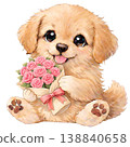 An illustration of a golden retriever holding a bouquet of roses. 138840658