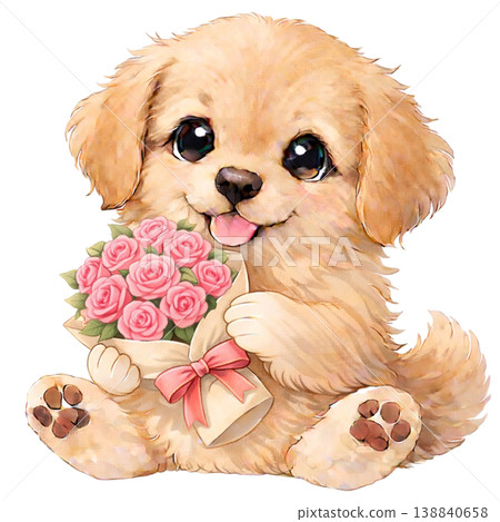 An illustration of a golden retriever holding a bouquet of roses. 138840658