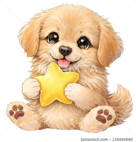 An illustration of a golden retriever holding a star. 138840660