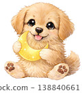 An illustration of a golden retriever holding a crescent moon. 138840661