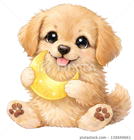 An illustration of a golden retriever holding a crescent moon. 138840661