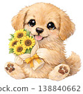[Summer] Illustration of a golden retriever holding a bouquet of sunflowers 138840662