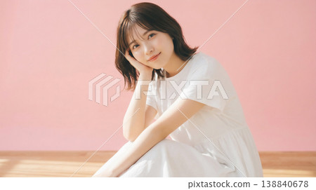 一幅日本女性的肖像畫，她笑容燦爛，手托著下巴。 138840678