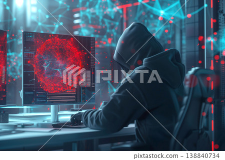 Hacker cyber criminal launches digital virus into global network during hacking attack 138840734