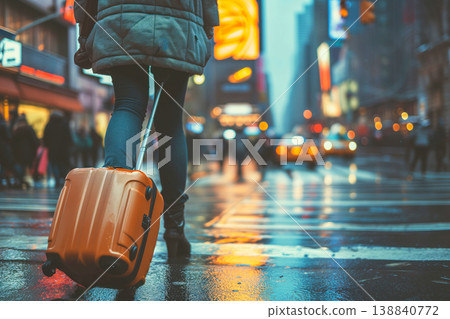 Women walking on street in New York City with suitcase in hand 138840772