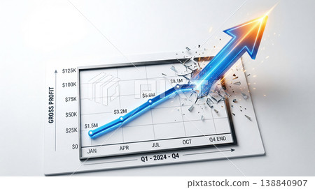 延伸到畫面之外的發光箭頭和向上傾斜的財務圖表象徵著毛利的成長。 延伸到畫面之外的發光箭頭和向上傾斜的財務圖表象徵著毛利的成長。 138840907