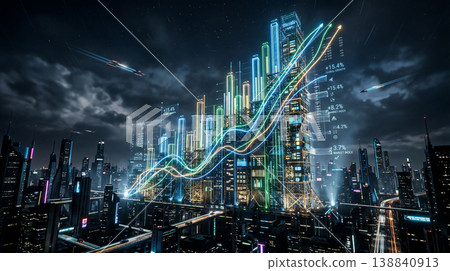 一座賽博龐克風格的城市，霓虹燈照亮的全息金融圖表和數據疊加在夜幕下的城市景觀。 138840913
