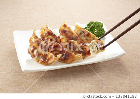 Image of meat dumplings being lifted with chopsticks. Image of meat dumplings being lifted with chopsticks. 138841188