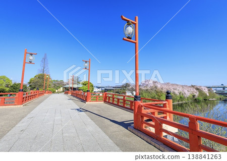 Kiyosu City, Ote Bridge over the Gojo River and a row of cherry trees in full bloom. Kiyosu City, Ote Bridge over the Gojo River and a row of cherry trees in full bloom. 138841263