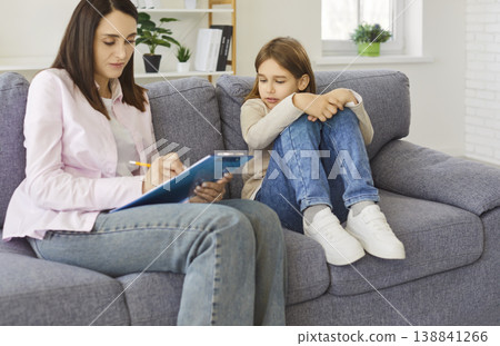 Psychologist meeting with child for counseling and psychotherapy session 138841266