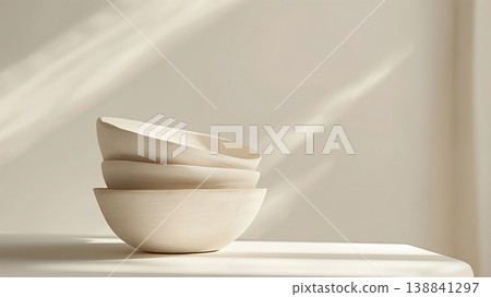 一張極簡主義靜物攝影作品，畫面中堆疊的陶瓷碗映襯在像牙色背景上。 138841297