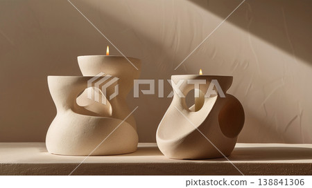 雕塑感十足的陶瓷燭台照片，背景為灰褐色 138841306