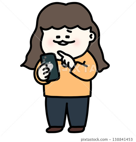 A brown-haired, wavy-haired girl clicks the purchase button to buy a treat for herself. Orange long-sleeved T-shirt. Transparent background. 138841453